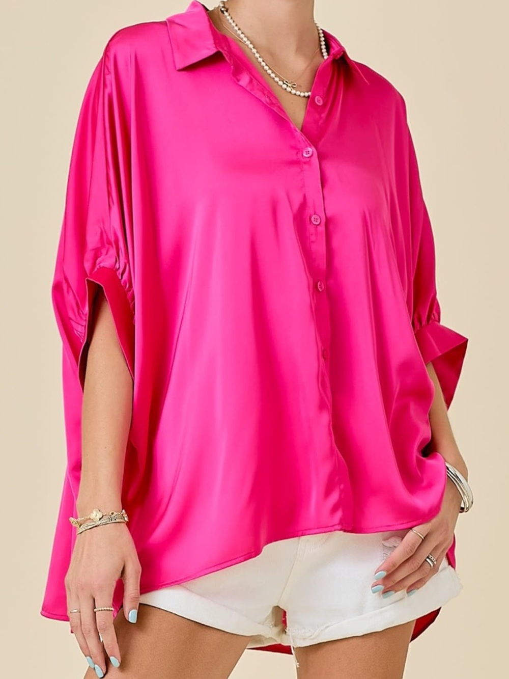Day + Moon Satin Button-Front Blouse Hot Pink Azalea Teagan Oversized Silky Top